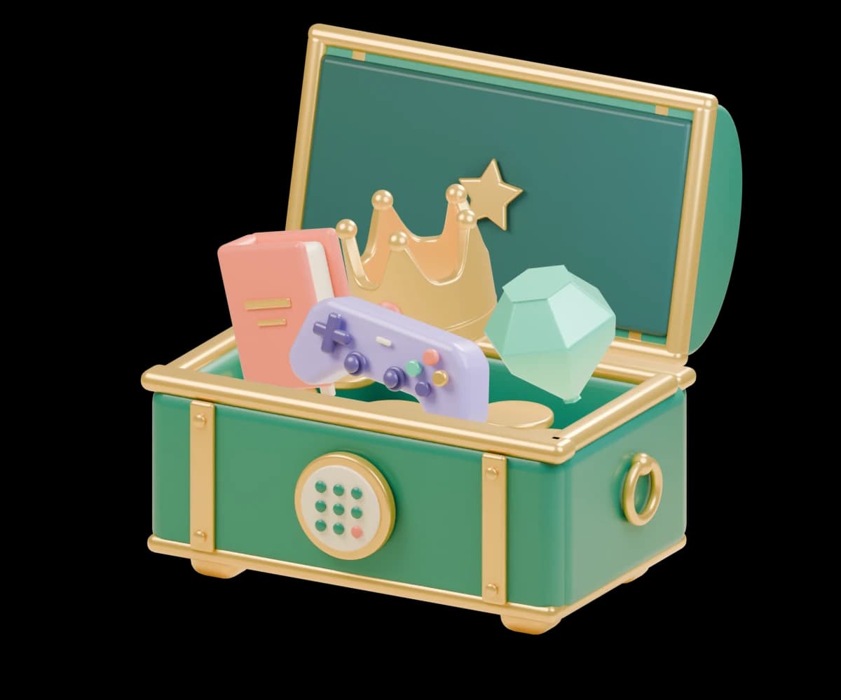 A rounded emerald treasure chest with the Nines nine-dot seal, a gold crown, a coral book, a lavender game controller, and a jade jewel