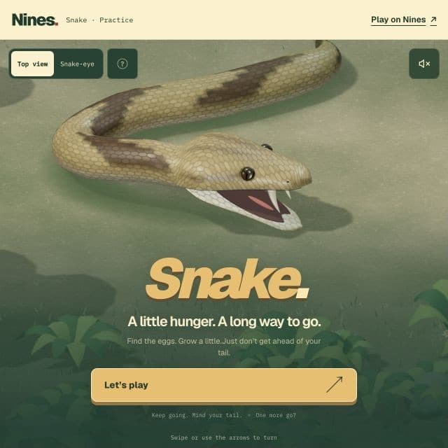 Nines Snake, with a 3D snake in a forest and top-view and snake-eye controls
